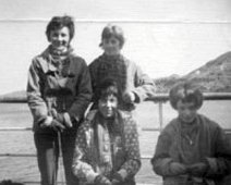 Glen Affric 1963 Angela ?,Joy ?, Judith Taylor, Hilary Hulme. Across on the Ferry to the Isle of Skye. Photo from Hilary Hulme