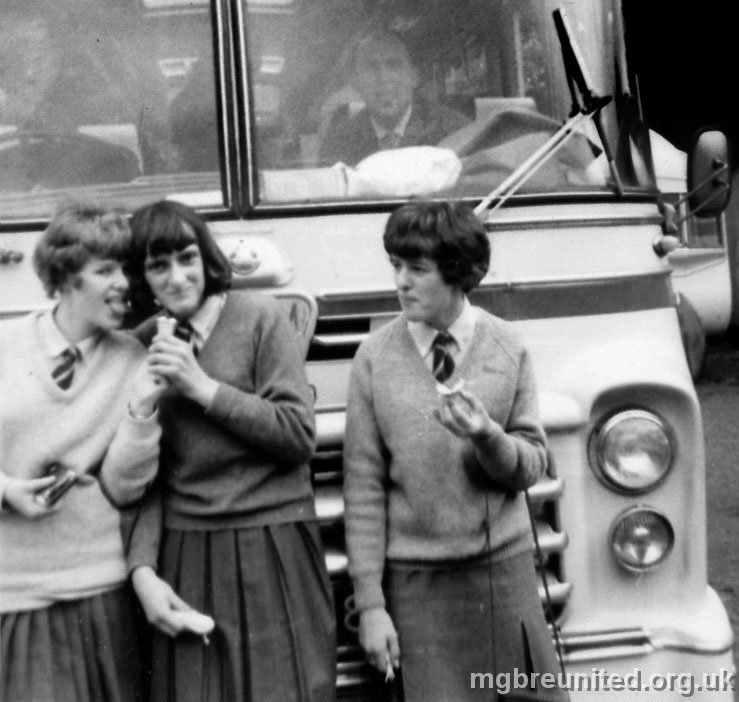 1965 Trip to York (History) Valerie Page, Angela Barlow and Susan Matthews. Mr Woods (History Teacher) in the coach.