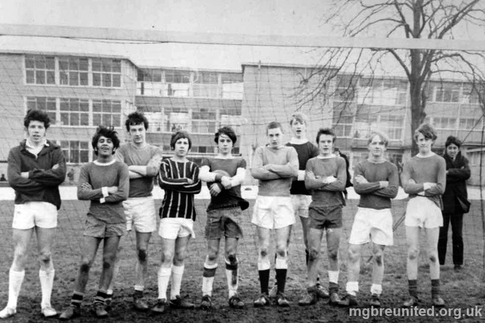 1968 - 69 Football Team 1 John Carlisle, 2 Acram Aslam, 3 Tim O'Hearn, 4 Steve Lomas, 5 Raymond Simpson, 6 Peter Finnigan, 7 John Kinson , 8 Geoff Green?, 9 , 10 , STANDING BEHIND is Davy Johal.