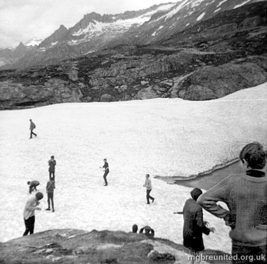 1966 School Trip to Switzerland Photo from Jagtar Singh now Johal who says: a snowball fight when we stopped for a comfort break at the top of Grimsel Pass. In both the only person I can remember is Ann Priestley at bottom left.