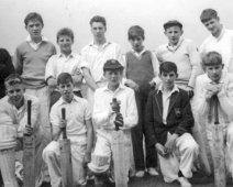 1961 ? Cricket Team BACK ROW: Terry Buckthorpe, ..... David Fountain. FRONT ROW: John Curtis, dk, dk, Richard Smith, Mike Richardson.