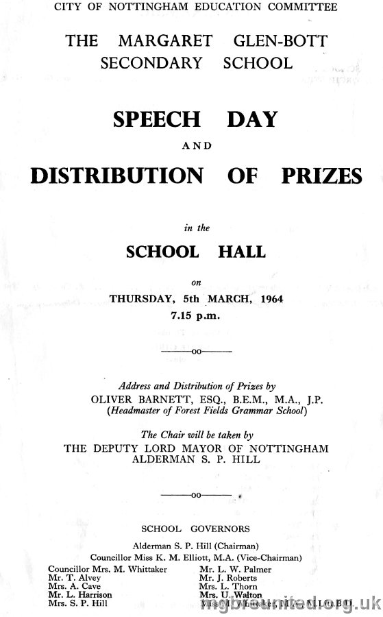1964 Margaret Glen-Bott Speech Day Programme P1 